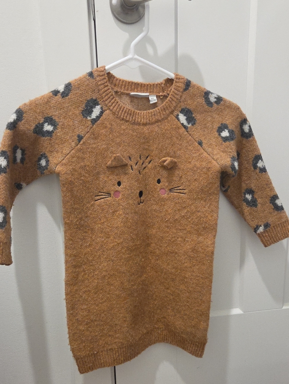 Kids Camel Kitty Sweater Dress with Embroidered Face